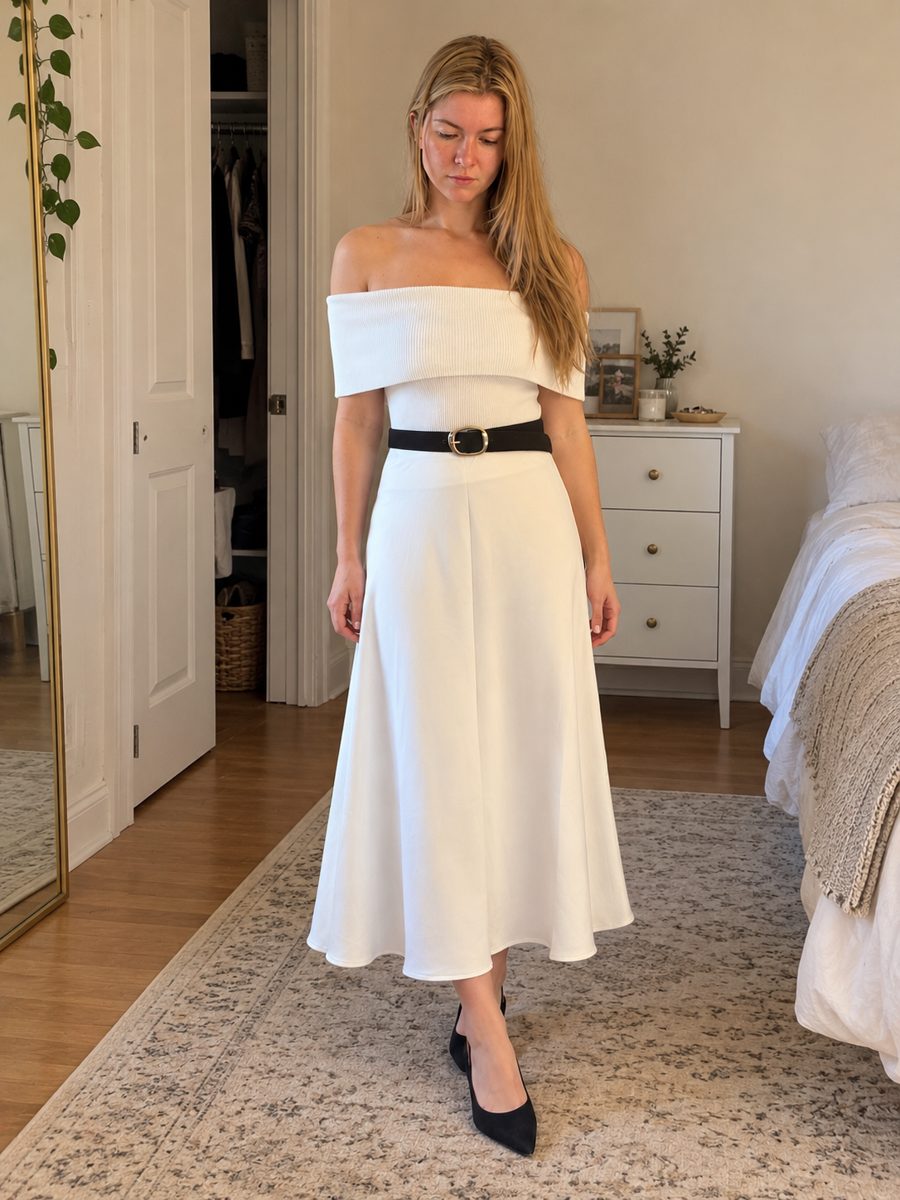 Seller wearing an ivory silk midi skirt with an off-shoulder white top, black belt and black heels